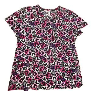 White Cross Hearts Scrub Top size Medium‎ Black w Pink Short Sleeve Valentines